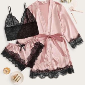 3PCS Lace Trim Satin Sexy Sleepwear